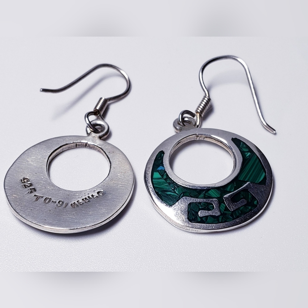 Aztec Mayan Malachite Circle Dangle Earrings - image 3
